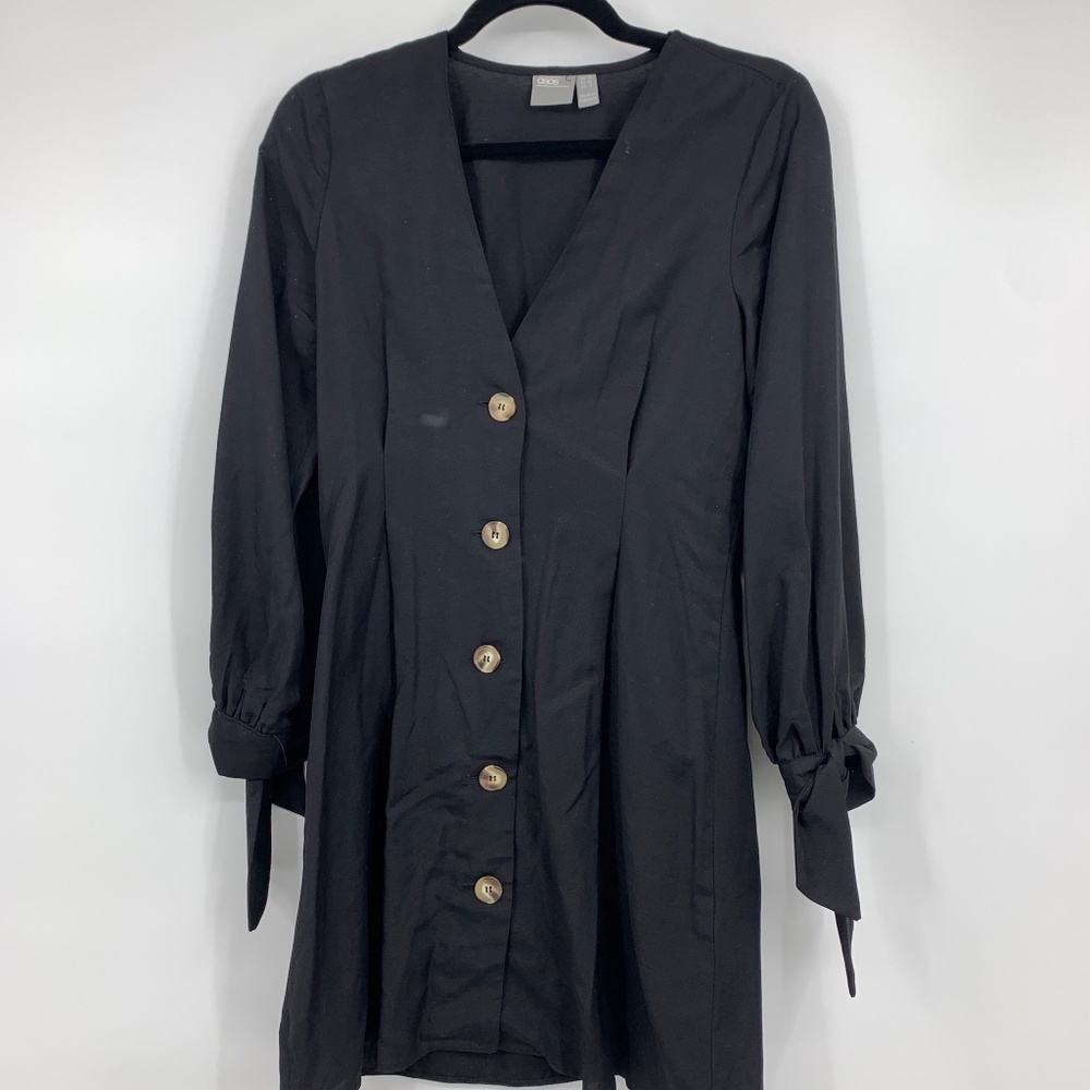 ASOS womens 4 shirt dress V-neck black tie bow sleeves linen blend mini romantic